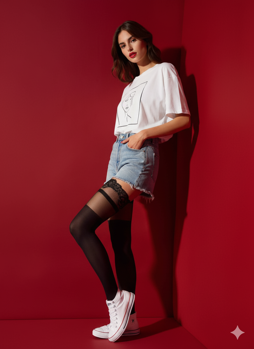 Sale: Nylonstrümpfe Midnight – Sinnlicher Overknee-Look mit edler Spitze in Schwarz - Größe M