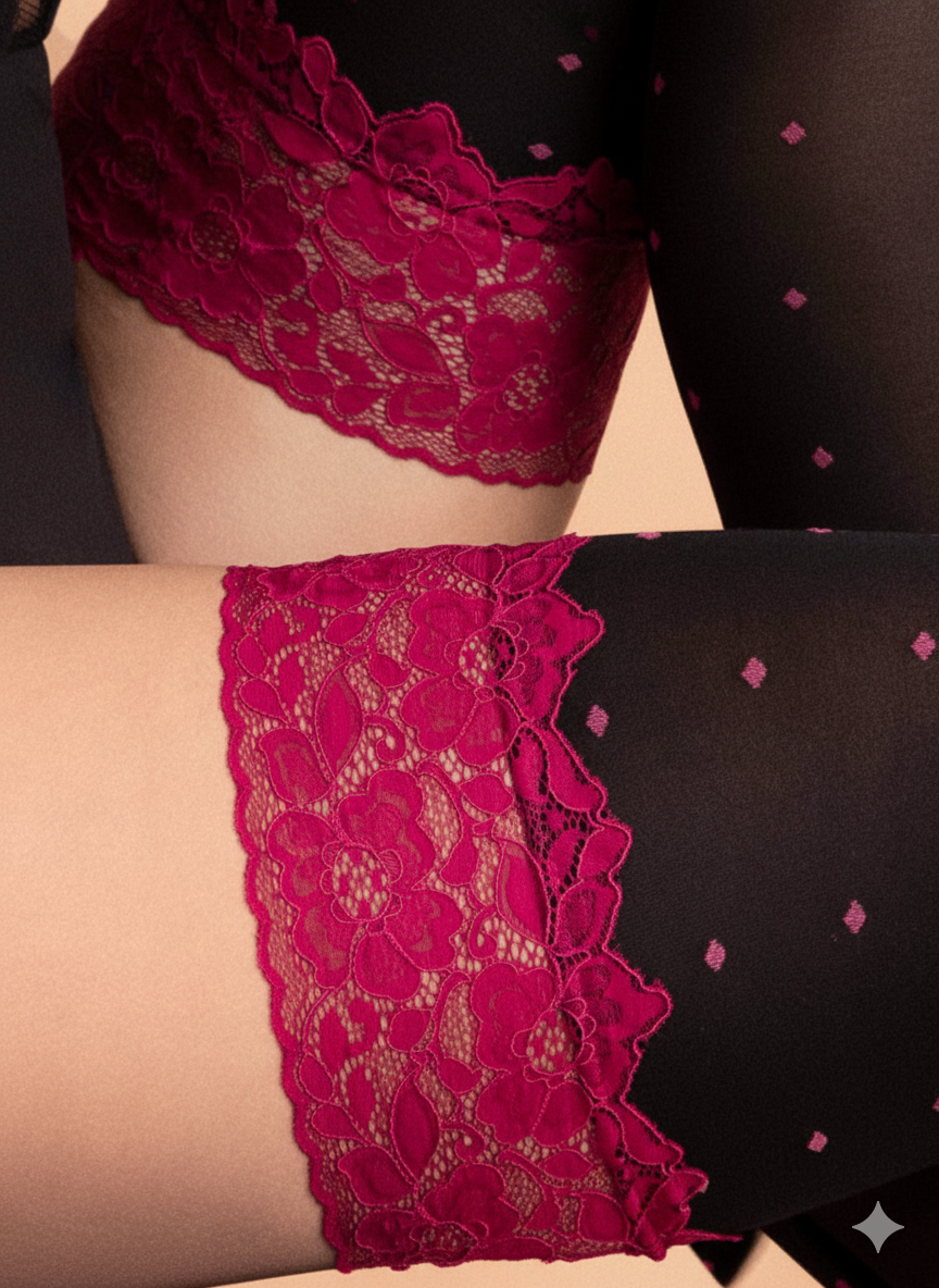 Nylonstrümpfe Volcan Schwarz - Verführerische Eleganz mit pinker Spitze