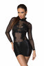 Schwarzes Minikleid mit Wetlook-Rock, transparenten Ärmeln und floraler Spitze