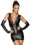 Damen Wetlook Minikleid in Schwarz mit Spitze und langen Handschuhen, figurbetonend