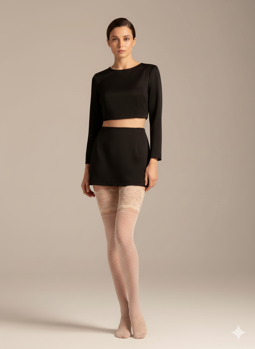 Sale: Nylonstrümpfe Lumina in Weiß mit zarter Spitze – Eleganz für jeden Anlass