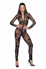 Nylon Catsuit Mit 3 Wege Reißverschluss In Schwarz Transparenz