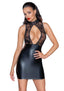 Frau trägt schwarzes Wetlook Minikleid mit transparentem Mesh-Oberteil und Blumendekor