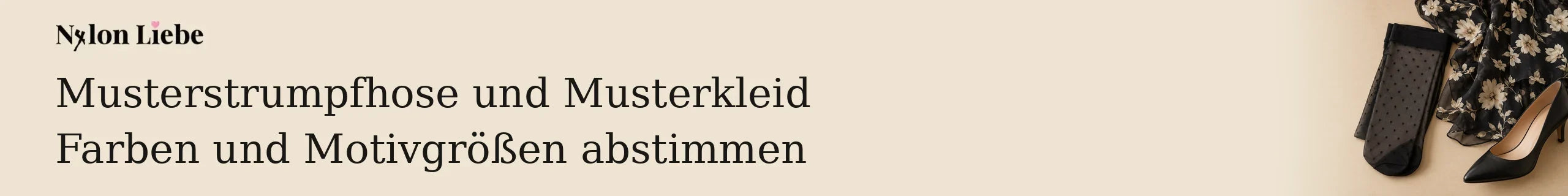 Feine schwarze Punkte-Strumpfhose neben einem Kleidstoff mit größeren cremefarbenen Blumen und schwarzem Pumps.