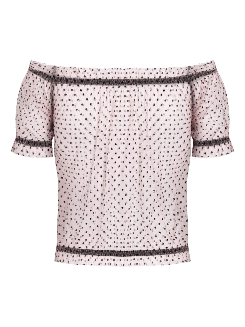 Zartrosane Off-Shoulder-Bluse mit schwarzen Punkten und Spitzen-Details, elegant, feminin