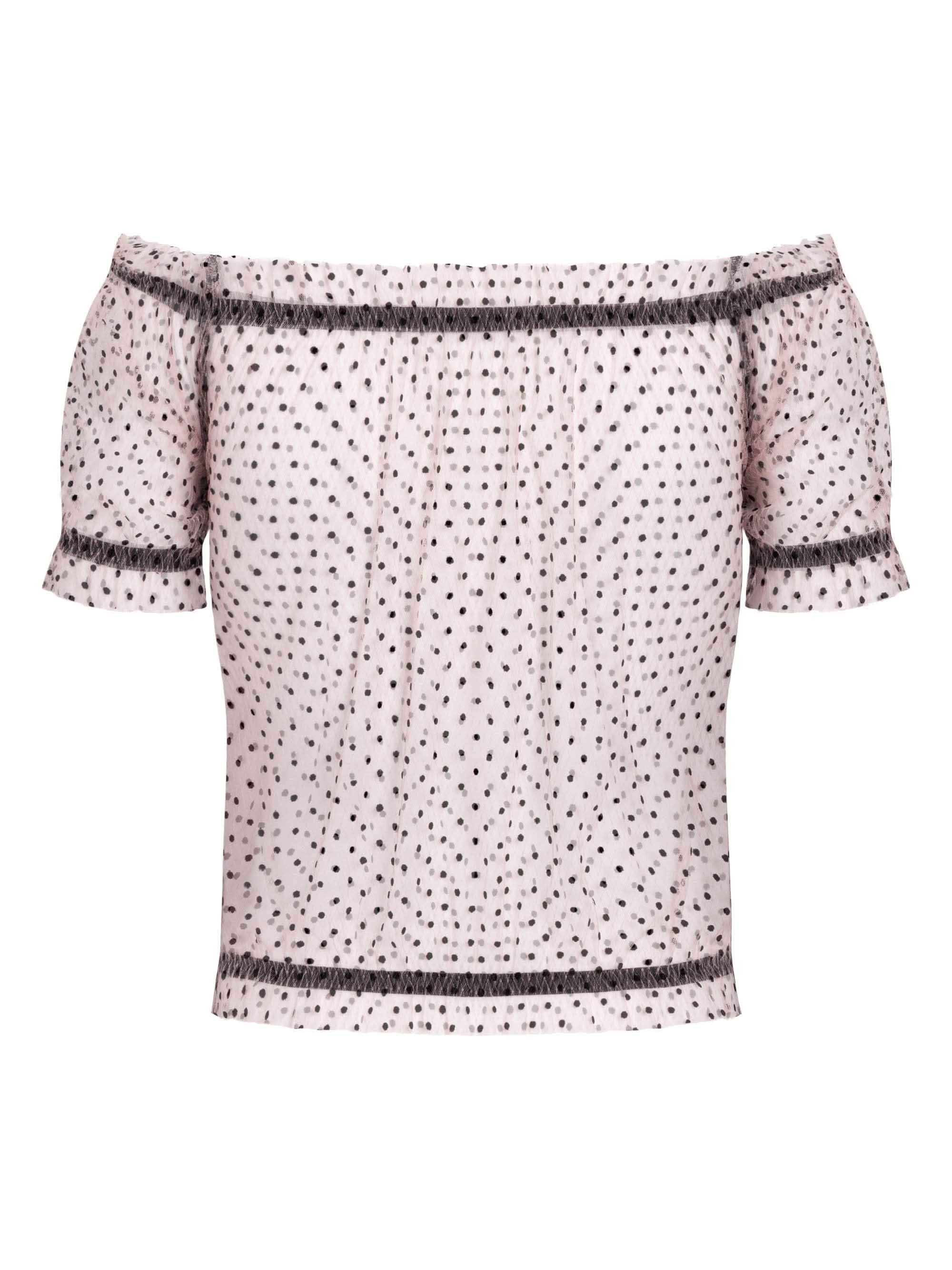 Zartrosane Off-Shoulder-Bluse mit schwarzen Punkten und Spitzen-Details, elegant, feminin