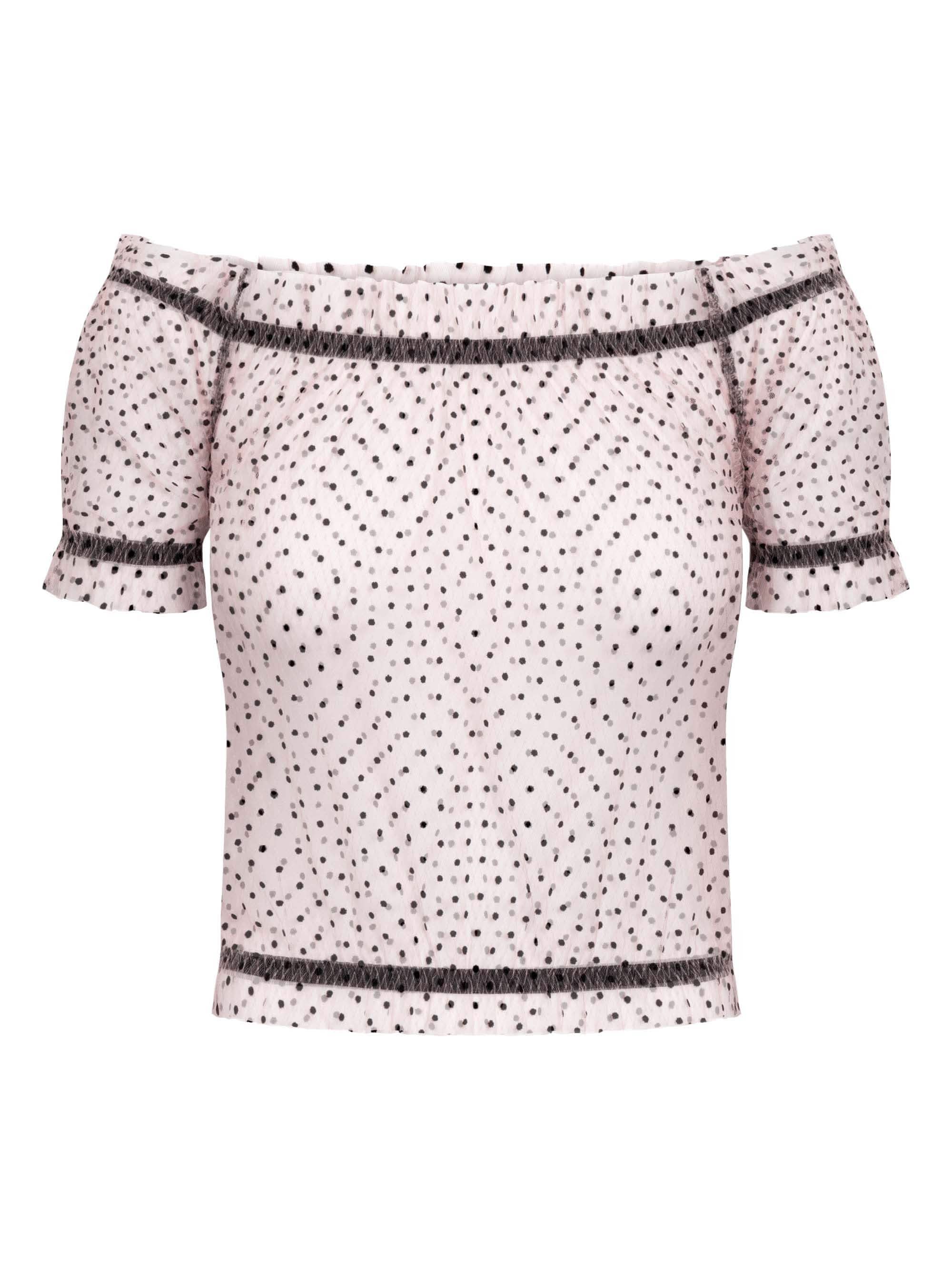 Schulterfreies, gepunktetes Oberteil aus leichtem Stoff mit kurzen Ärmeln in Weiß und Schwarz.