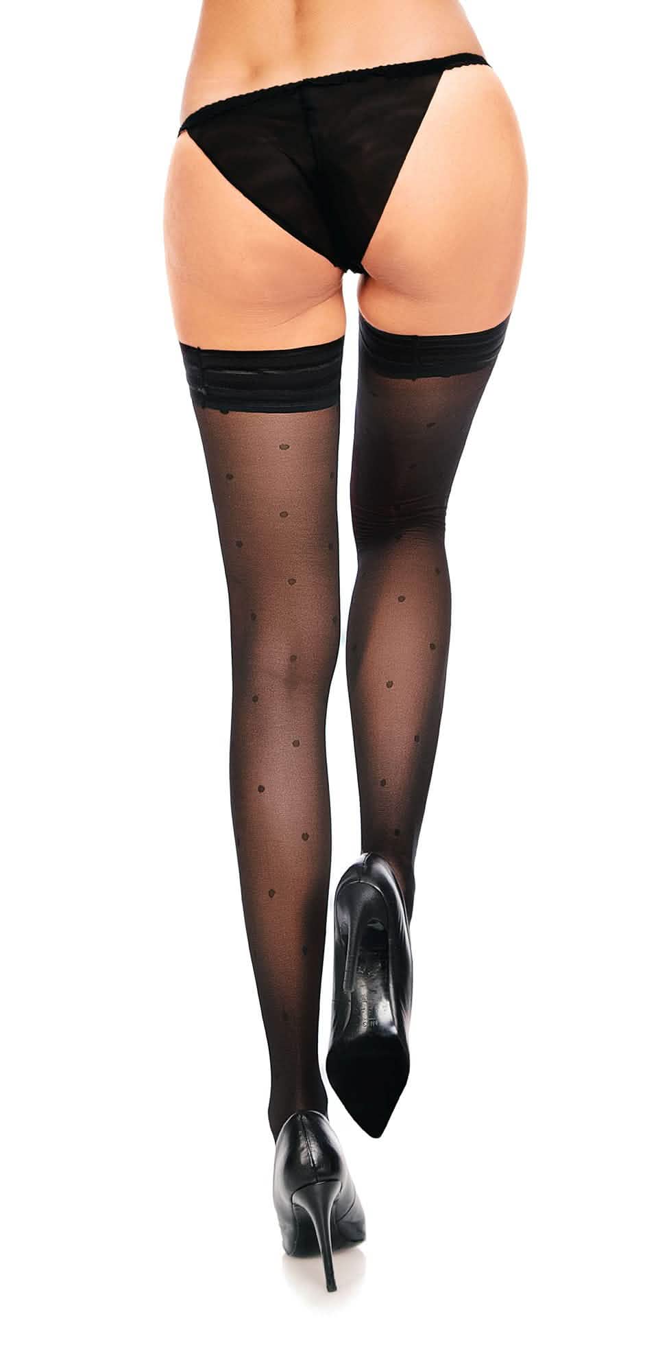 Halterlose Strümpfe Übergröße XL bis 4XL Schwarz Polka-Dot Komfortbund