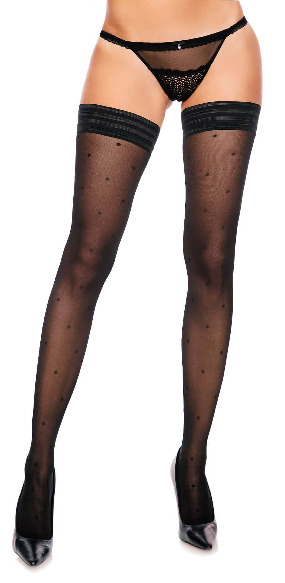 Halterlose Strümpfe Übergröße XL bis 4XL Schwarz Polka-Dot Komfortbund 主圖