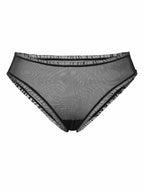Schwarzer transparenter Slip aus Mesh mit verspielten Rüschen am Bund und an den Seiten.
