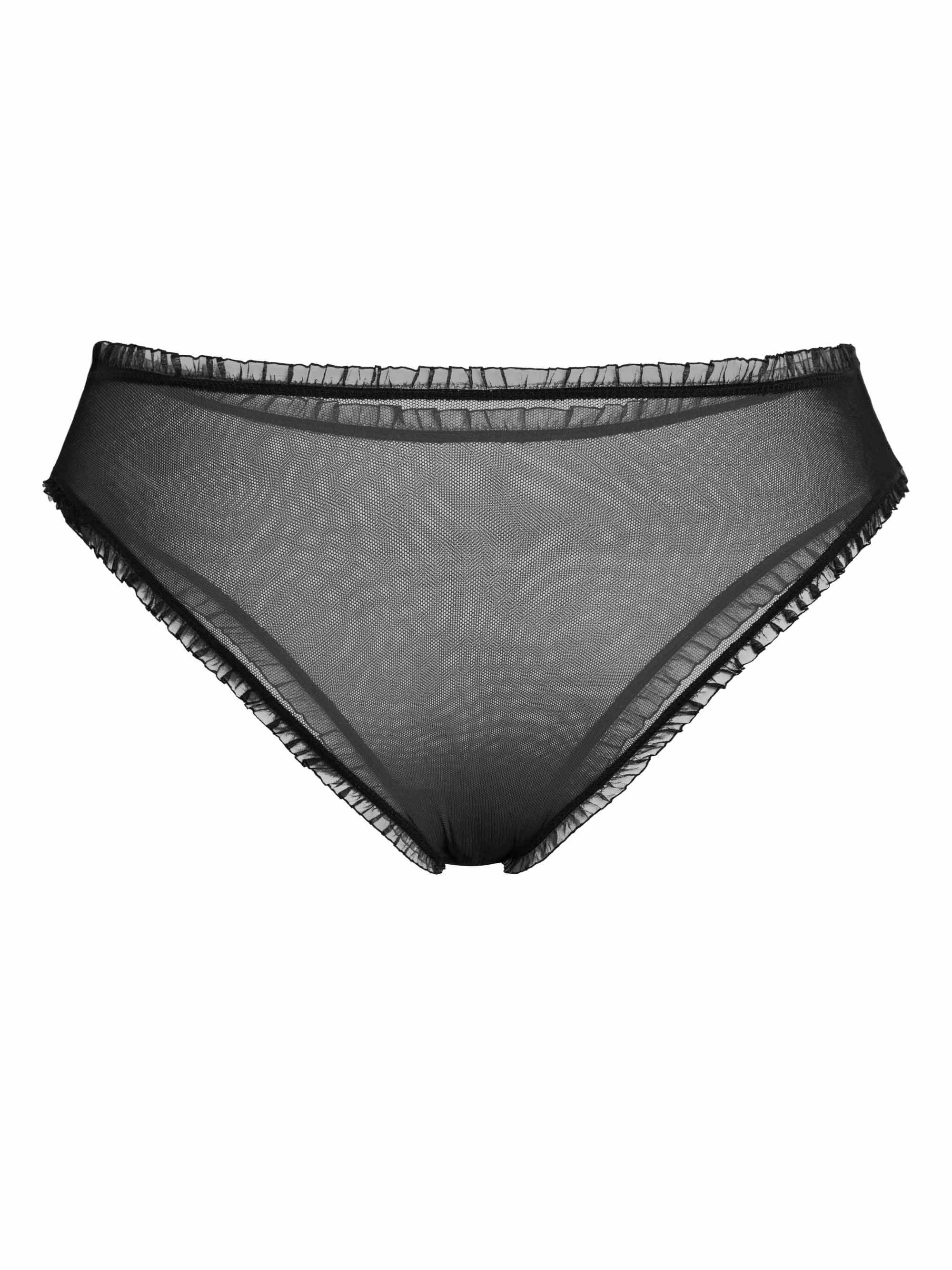 Schwarzer transparenter Slip aus Tüll mit feinen Rüschen am Bund und an den Beinen