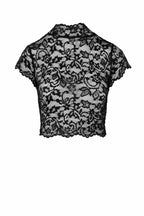 Schwarzes, transparentes Spitzentop, kurzarm, florale Spitze, elegantes Damen-Oberteil
