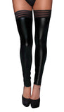 Halterlose Wetlook Strümpfe in Schwarz mit transparenten Streifen und High Heels