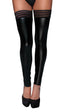 Halterlose Wetlook Strümpfe in Schwarz mit transparenten Streifen und High Heels