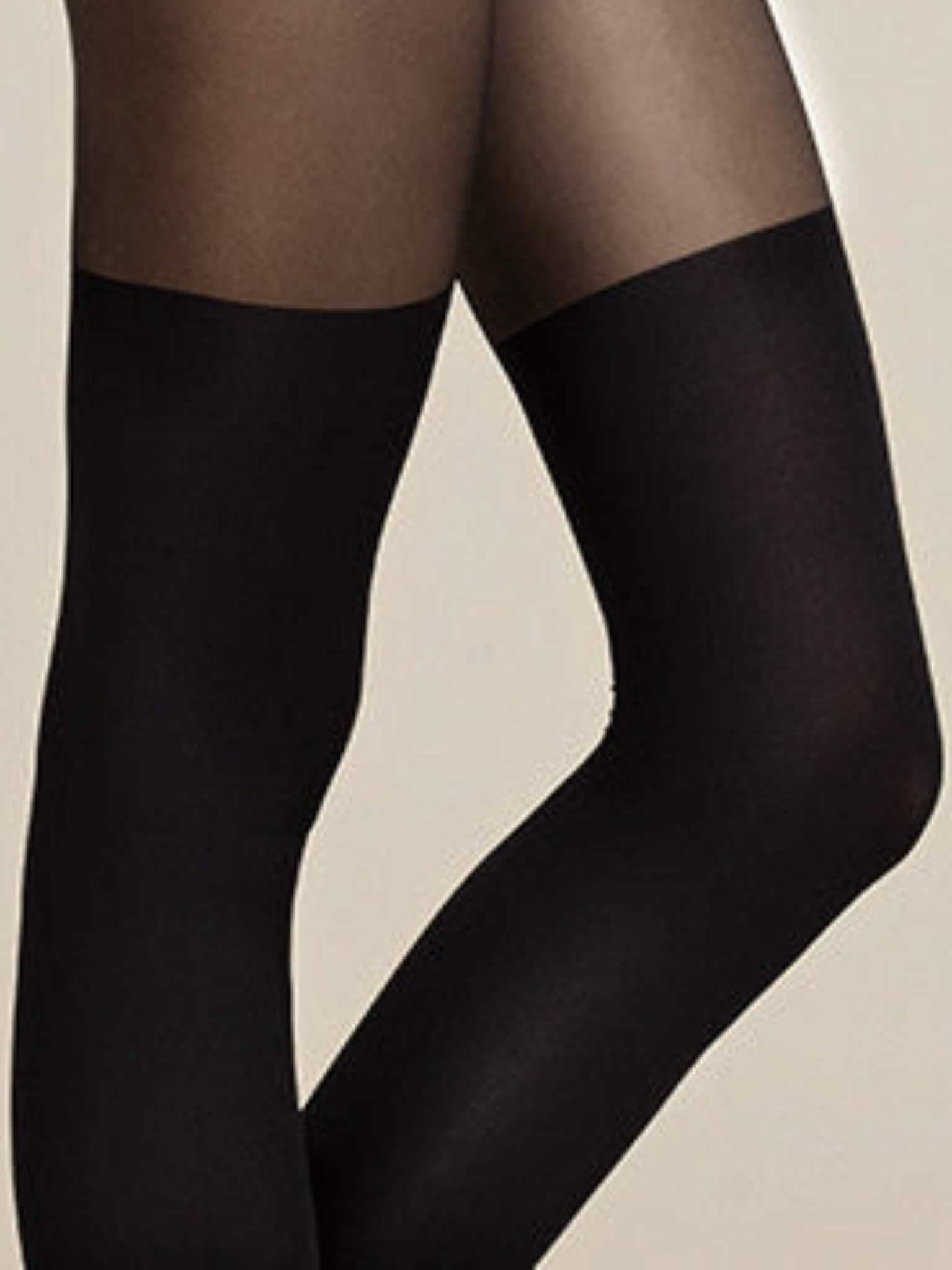 Hochtaillierte Overknee Strumpfhose in Schwarz, blickdicht und transparent kombiniert
