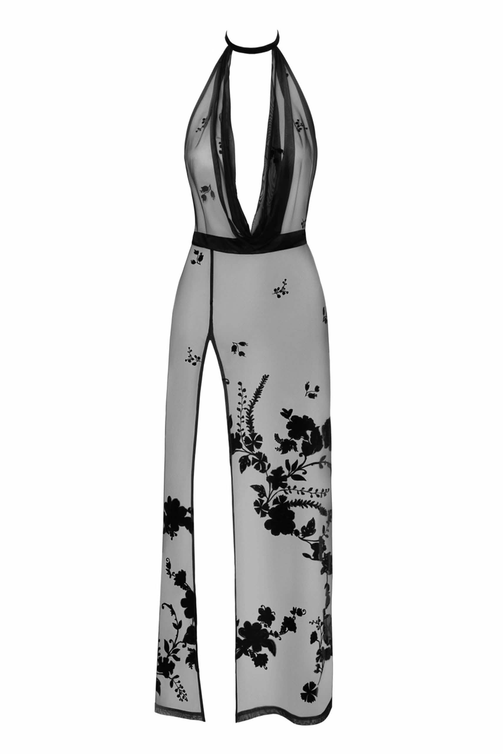 Schwarzes langes Meshkleid mit tiefem Ausschnitt, offenem Rücken und floralen Details
