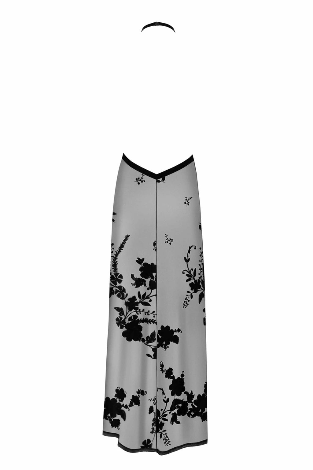Langes Mesh Kleid mit tiefem Ausschnitt, offenem Rücken und schwarzem Blumenmuster