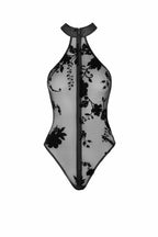 Schwarzer Mesh Body mit floraler Stickerei und 3-Wege-Reißverschluss, eleganter Schnitt