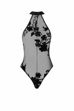 Transparenter Mesh Body mit schwarzem Blumenmuster und hohem Beinausschnitt, elegant