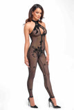 Damen Mesh Catsuit schwarz, transparent, mit floralen Mustern und 3-Wege-Reißverschluss