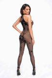 Damen Mesh Catsuit mit floralen Mustern, transparent und figurbetont, auf weißem Hintergrund