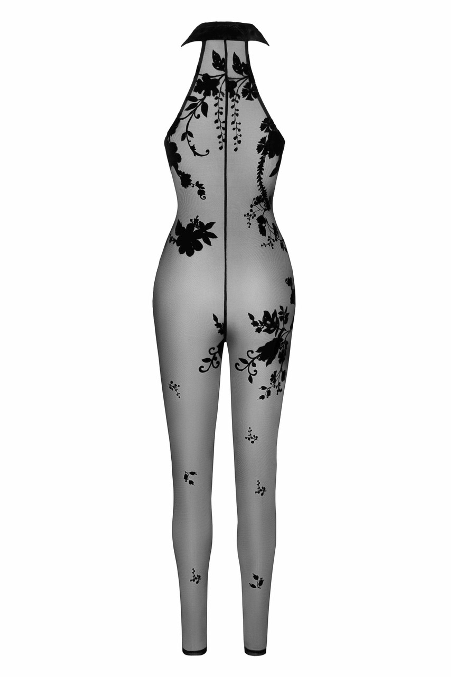 Mesh Catsuit mit 3-Wege-Reißverschluss und Neckholder - Schwarz