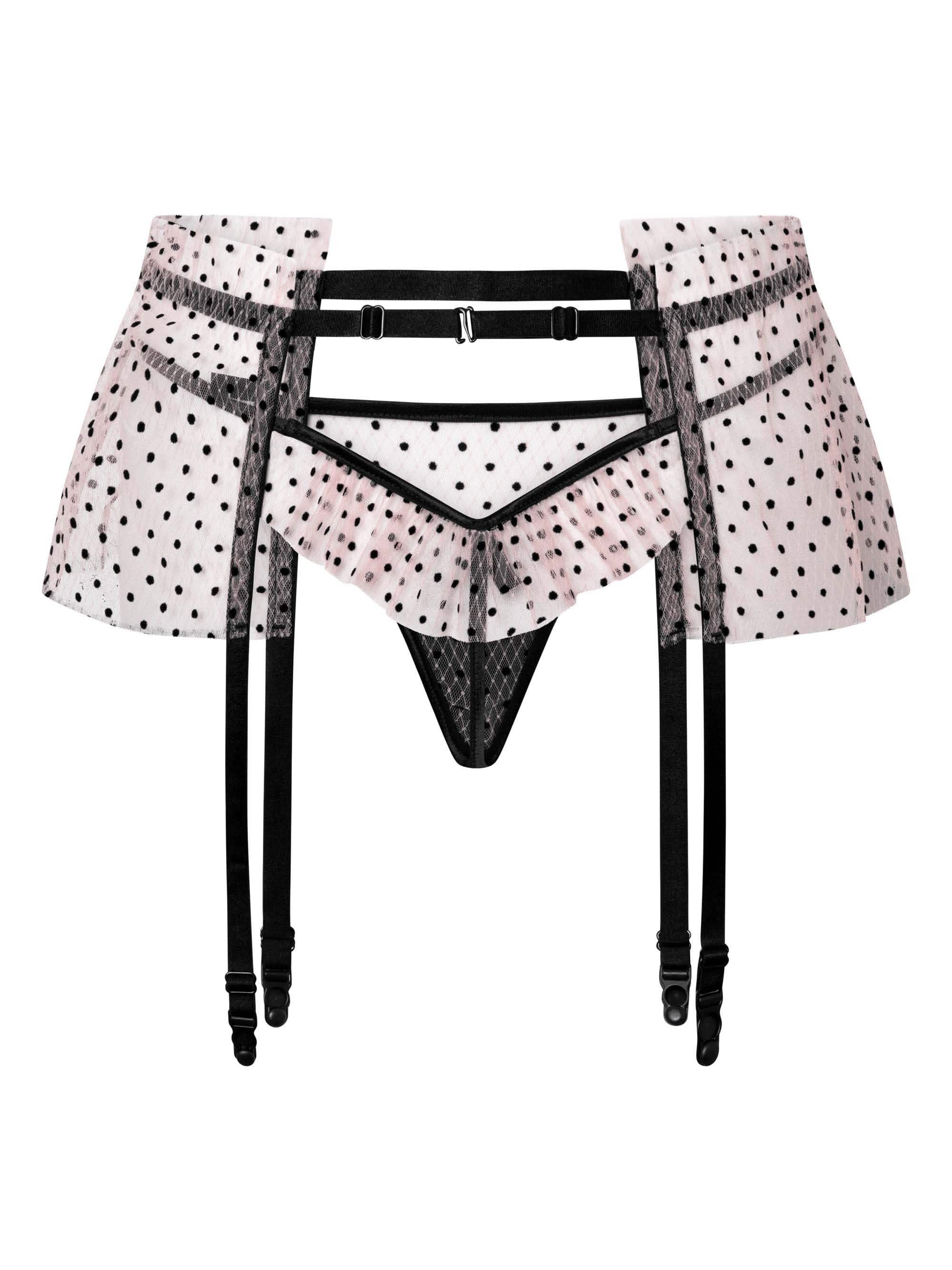 Transparenter Strapsgürtel mit schwarzen Punkten und Rüschen, Damen Dessous Accessoire