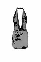Schwarzes Mesh Minikleid mit tiefem V-Ausschnitt und floralen Spitzenmustern