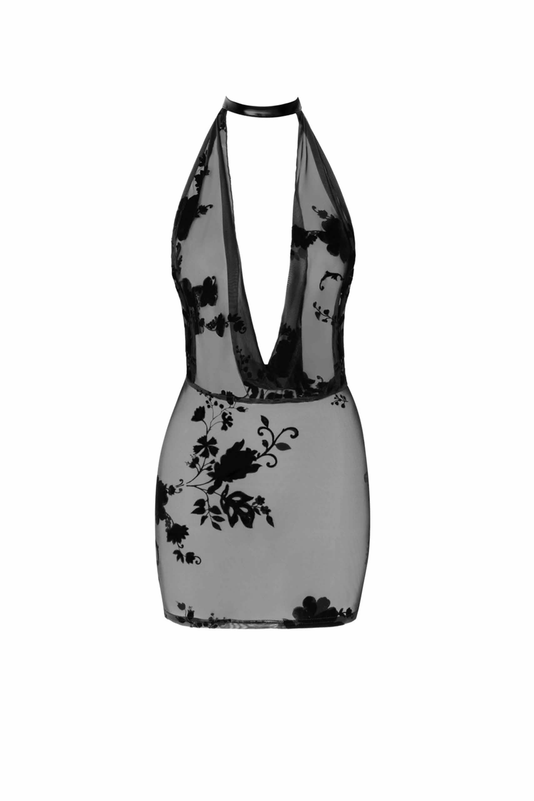 Schwarzes Mesh Minikleid mit tiefem V-Ausschnitt und floralen Spitzenmustern