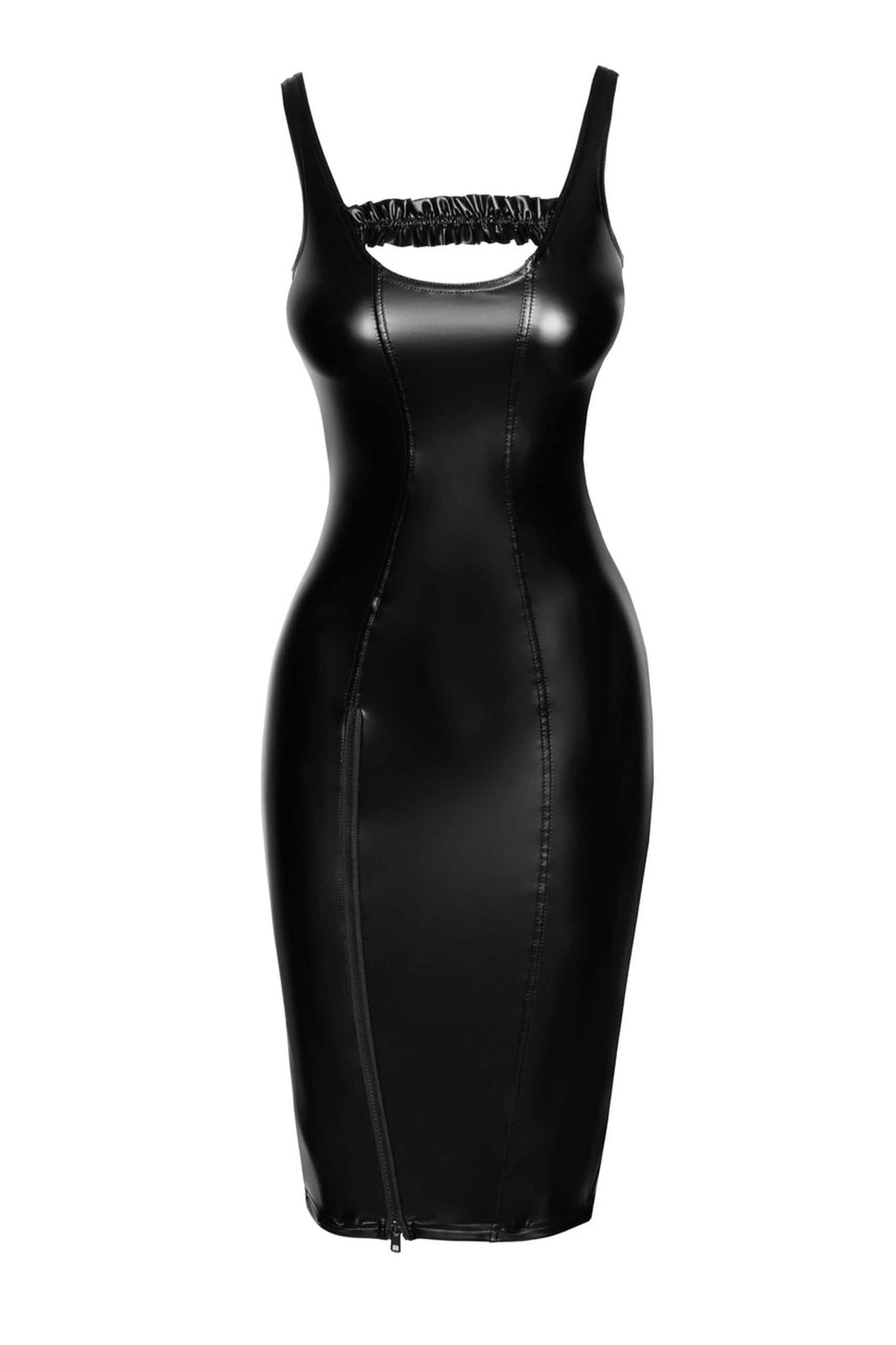 Schwarzes Wetlook Midikleid mit U-Ausschnitt, figurbetont, glänzendes Material