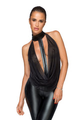 Sexy Wetlook Overall mit Tülloberteil und Halsband