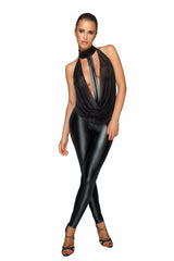 Sexy Wetlook Overall mit Tülloberteil und Halsband