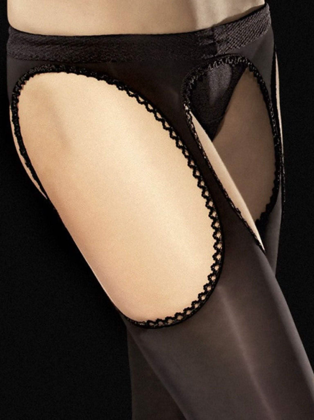Schwarze Straps-Strumpfhose mit Spitzendetails, elegant und transparent am Bein