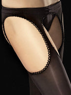 Schwarze Straps-Strumpfhose mit Spitzendetails, elegant und transparent am Bein