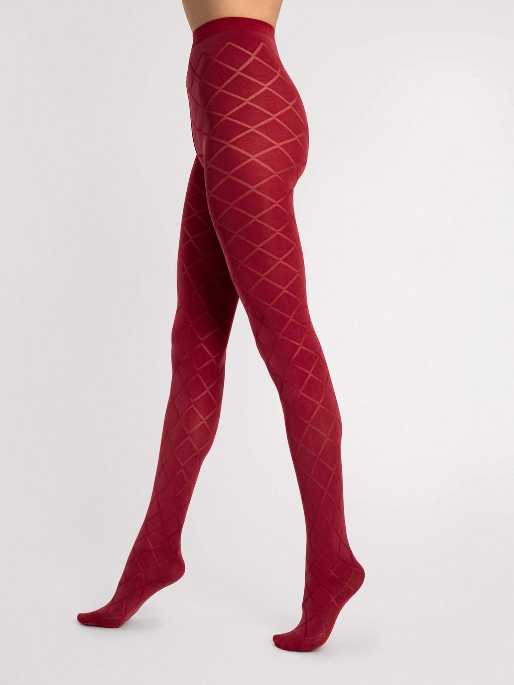 Rote Strumpfhose mit Rautenmuster, blickdicht, elegant, Modellansicht seitlich