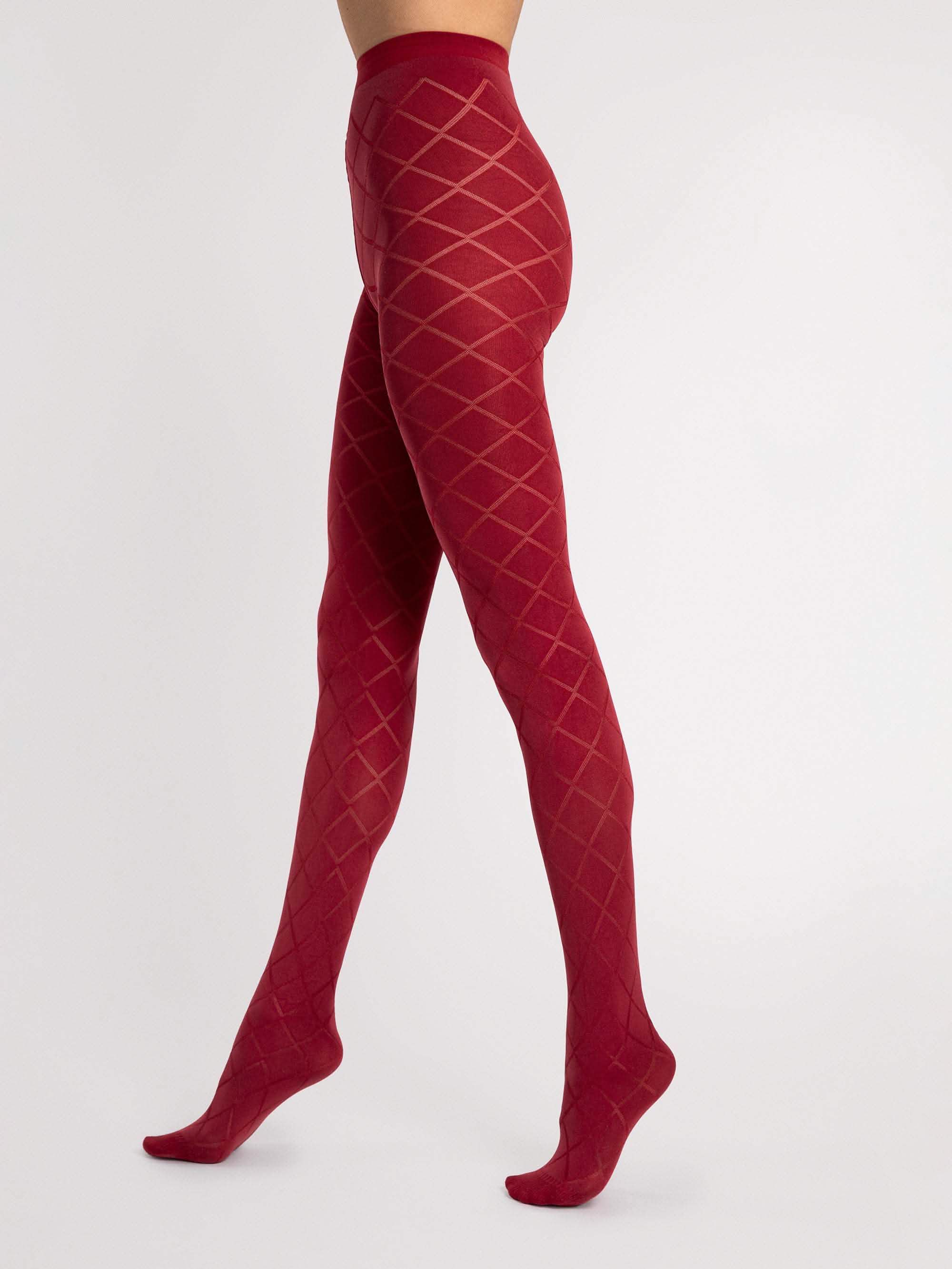 Rote Strumpfhose mit Rautenmuster, blickdicht, elegant, Modellansicht seitlich