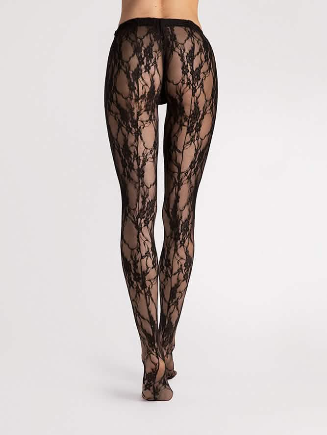 Transparente Spitzen-Strumpfhose in Schwarz mit floralem Muster, Rückansicht
