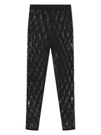 Transparente schwarze Spitzenleggings, elegant, feines Spitzenmuster, blickdichtes Design