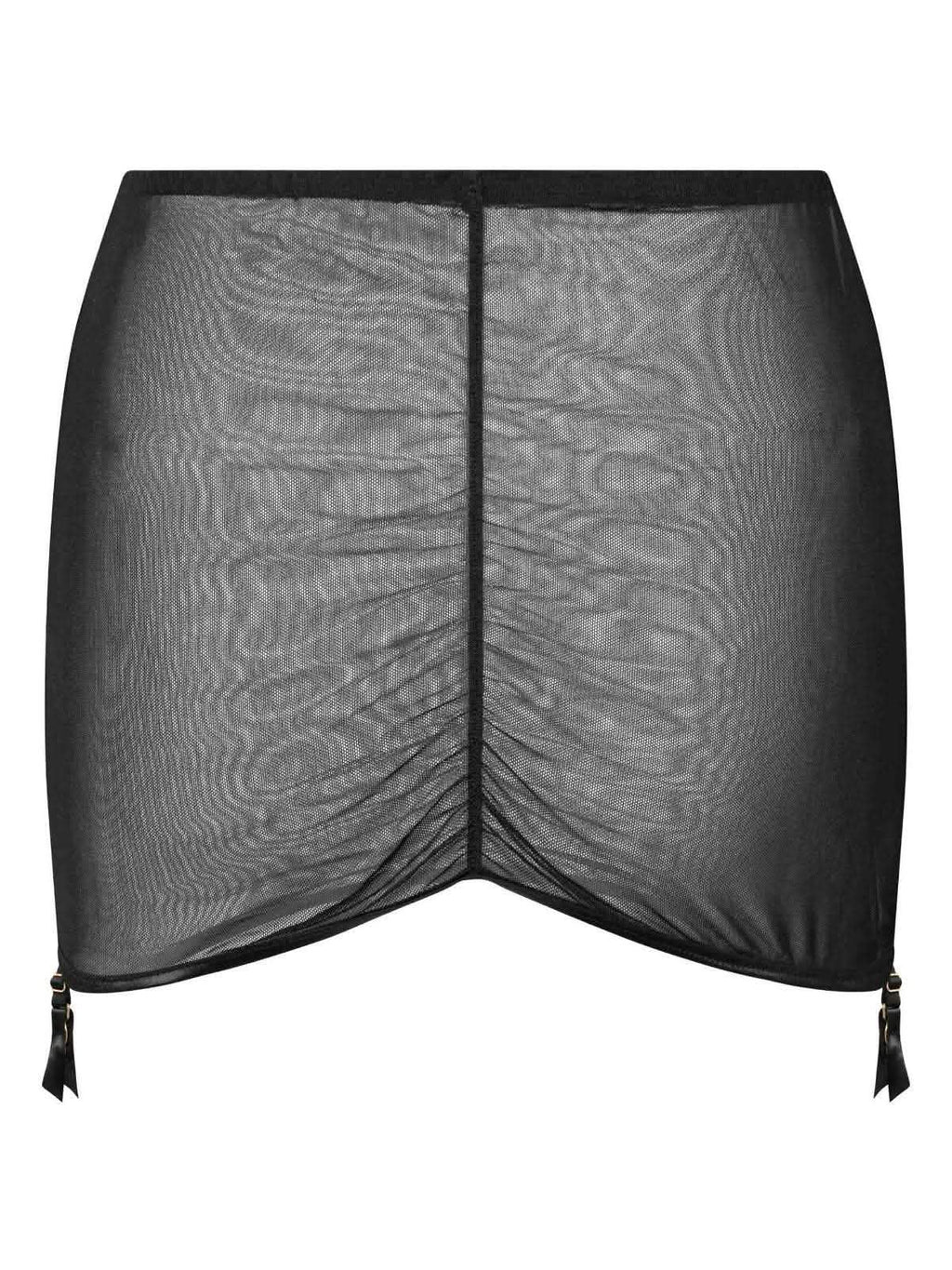 Transparenter schwarzer Retrorock aus feinem Netz mit Raffung und Strumpfhalter-Clips