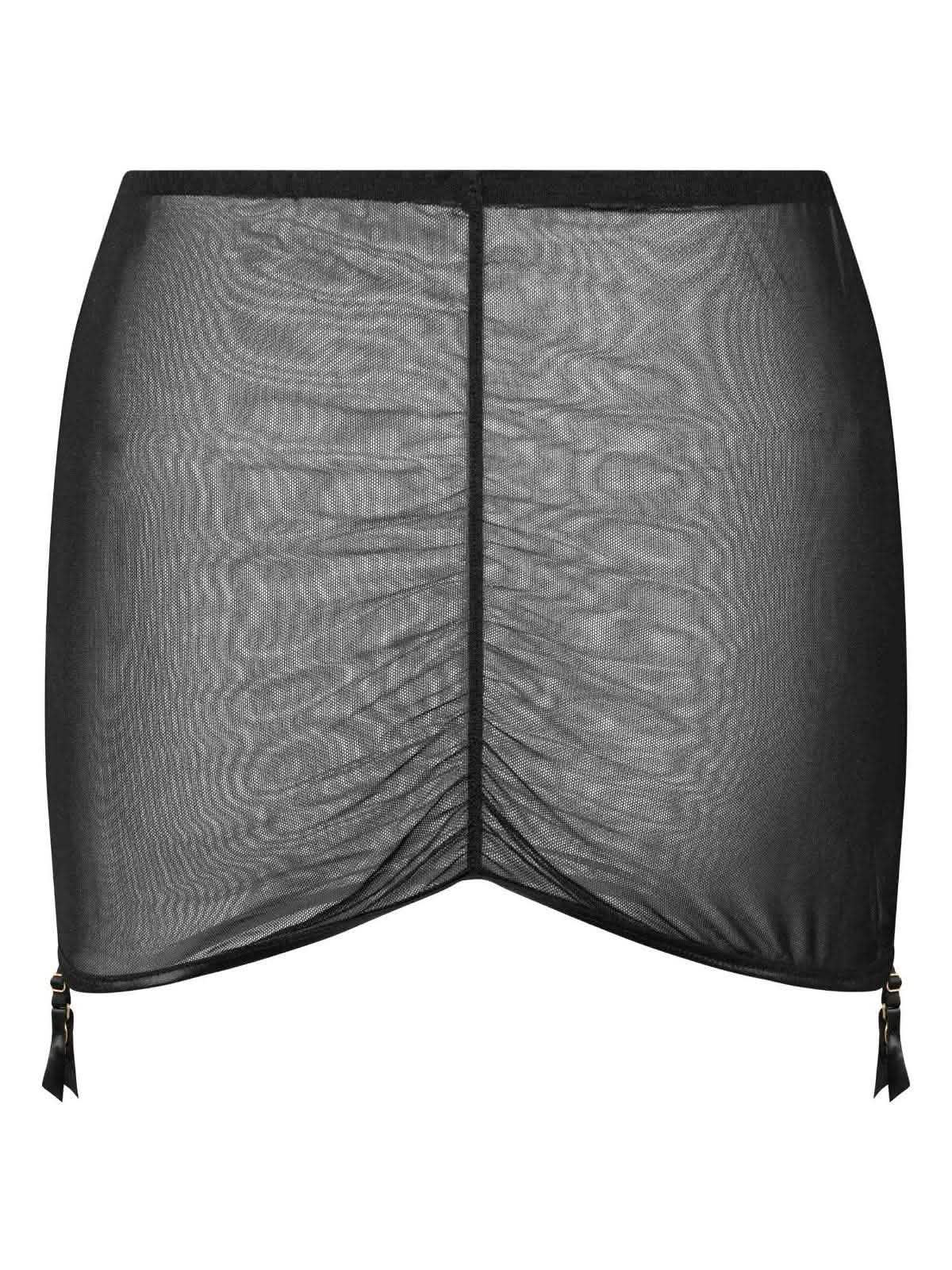 Transparenter schwarzer Retrorock aus feinem Netz mit Raffung und Strumpfhalter-Clips