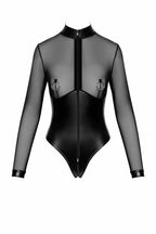 Schwarzer Body aus Mesh mit langen Ärmeln, Zipper und dekorativen Ringen vorne