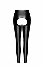 Schwarze Wetlook-Leggings mit offenem Schritt, glänzend, aus Kunstleder, Rückansicht