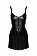 Schwarzes Wetlook Minikleid mit Reißverschluss und Ringgürtel, glänzender Stoff