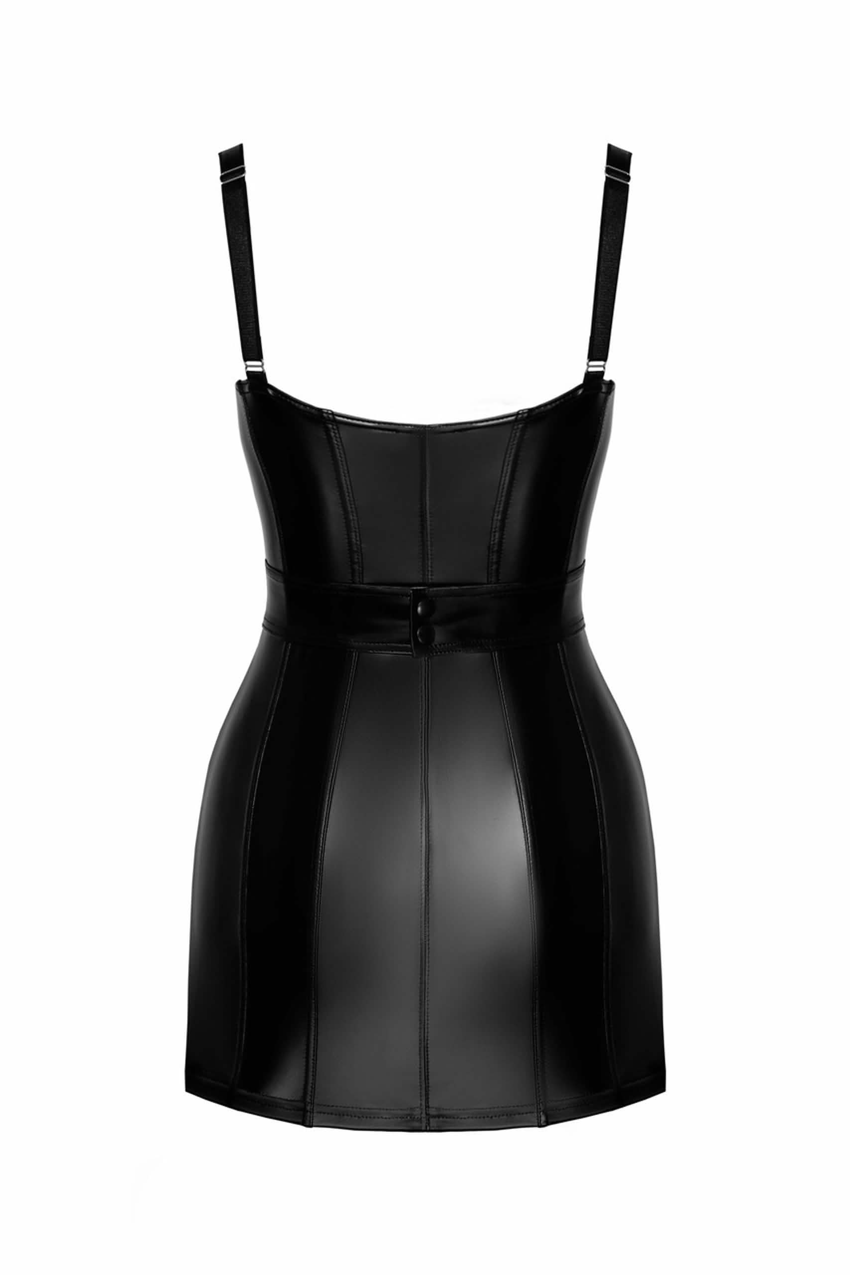 Schwarzes Wetlook Minikleid mit verstellbaren Trägern und Taillengürtel, glänzendes Material