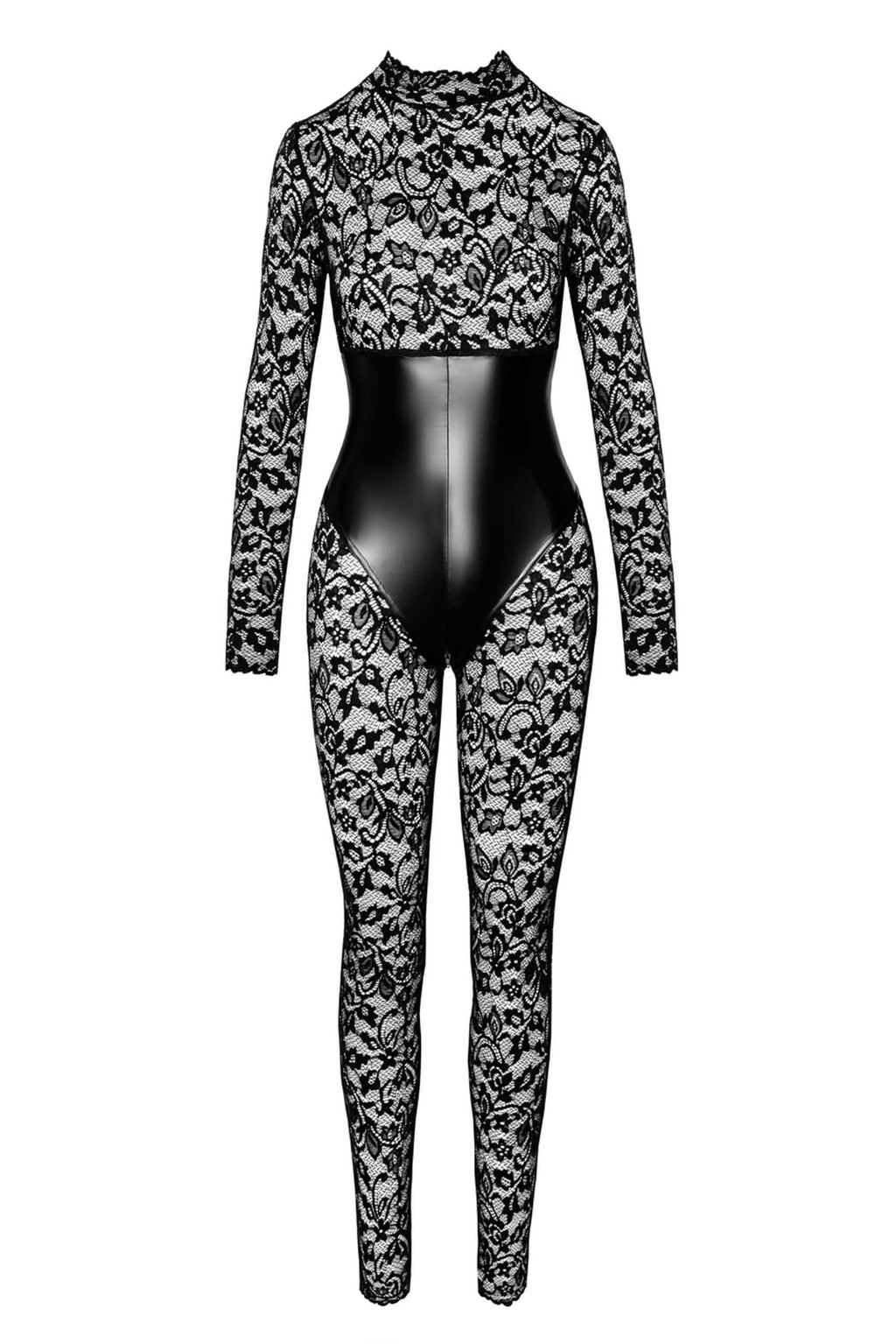 Zwarte kanten catsuit met lange mouwen en kunstleren tailleband, aansluitend