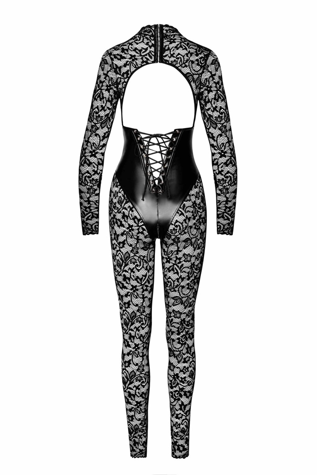 Zwarte kanten catsuit met lange mouwen, open rug en vetersluiting, full body jumpsuit