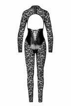 Zwarte kanten catsuit met lange mouwen, open rug en vetersluiting, full body jumpsuit