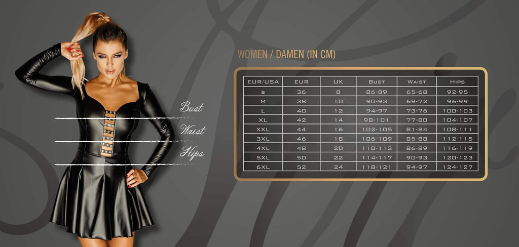 Größentabelle für Damen-Outfits in Leder-Look, Maße für Brust, Taille, Hüfte, EUR und UK Größen.