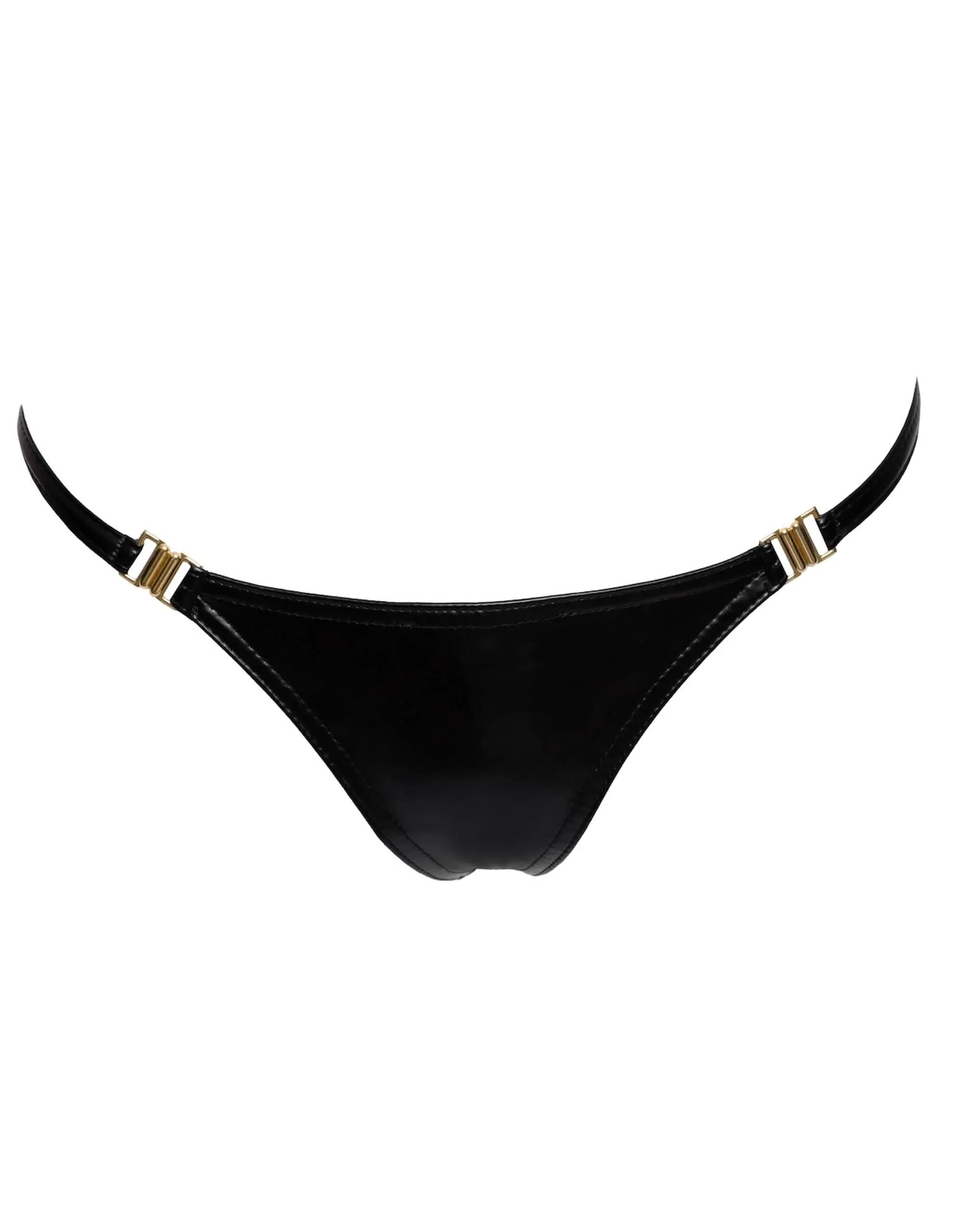 Schwarzer Wetlook-String mit goldenen Details, minimalistisch, erotische Dessous
