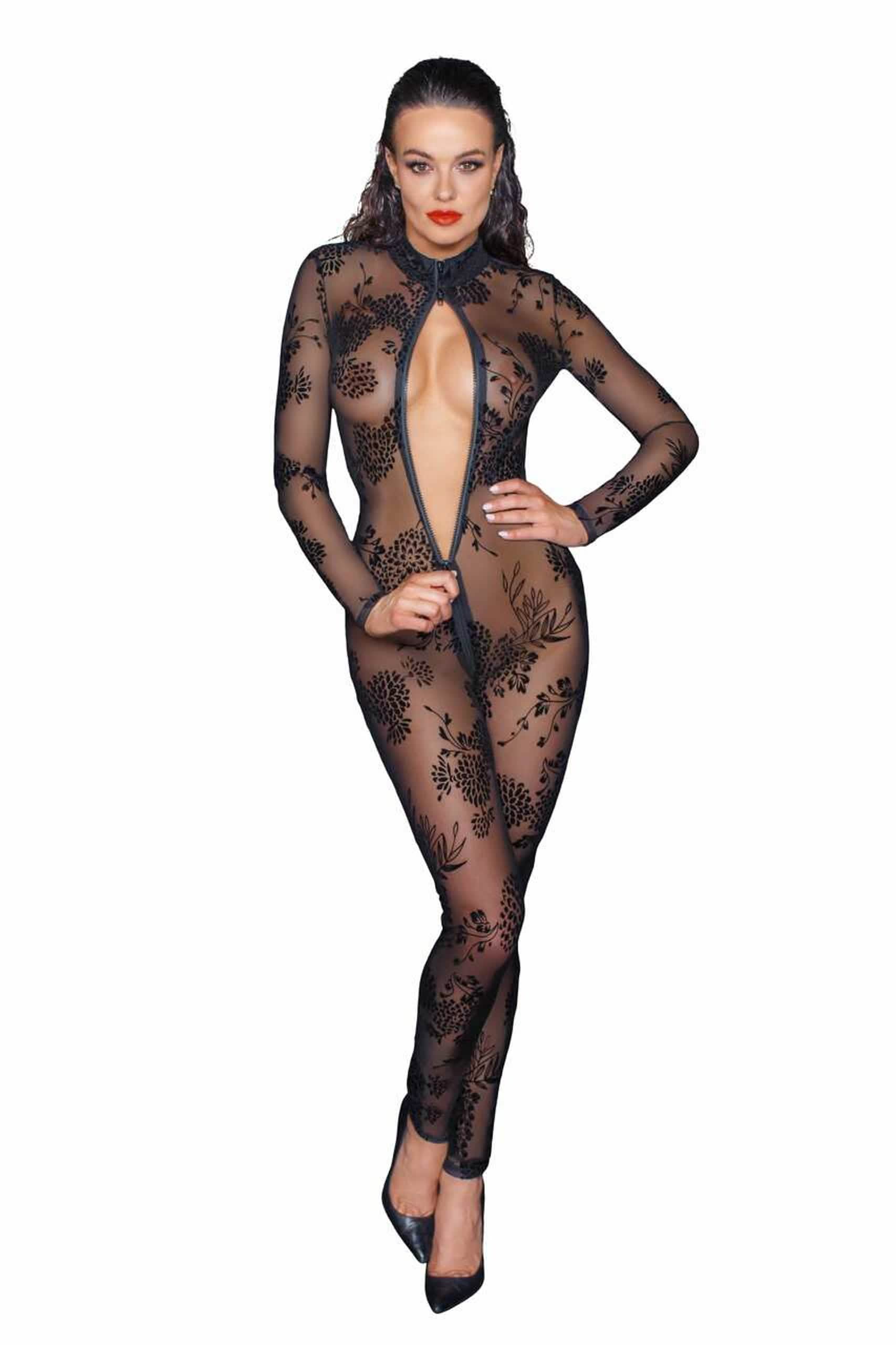 Frau im transparenten Nylon Catsuit mit floralem Muster und tiefem Reißverschluss 主圖